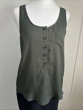 Aqua Sleeveless Deep Olive Green Henley Tank Top with Pearlized Buttons